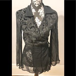 Black velvet translucent wrap floral print top S